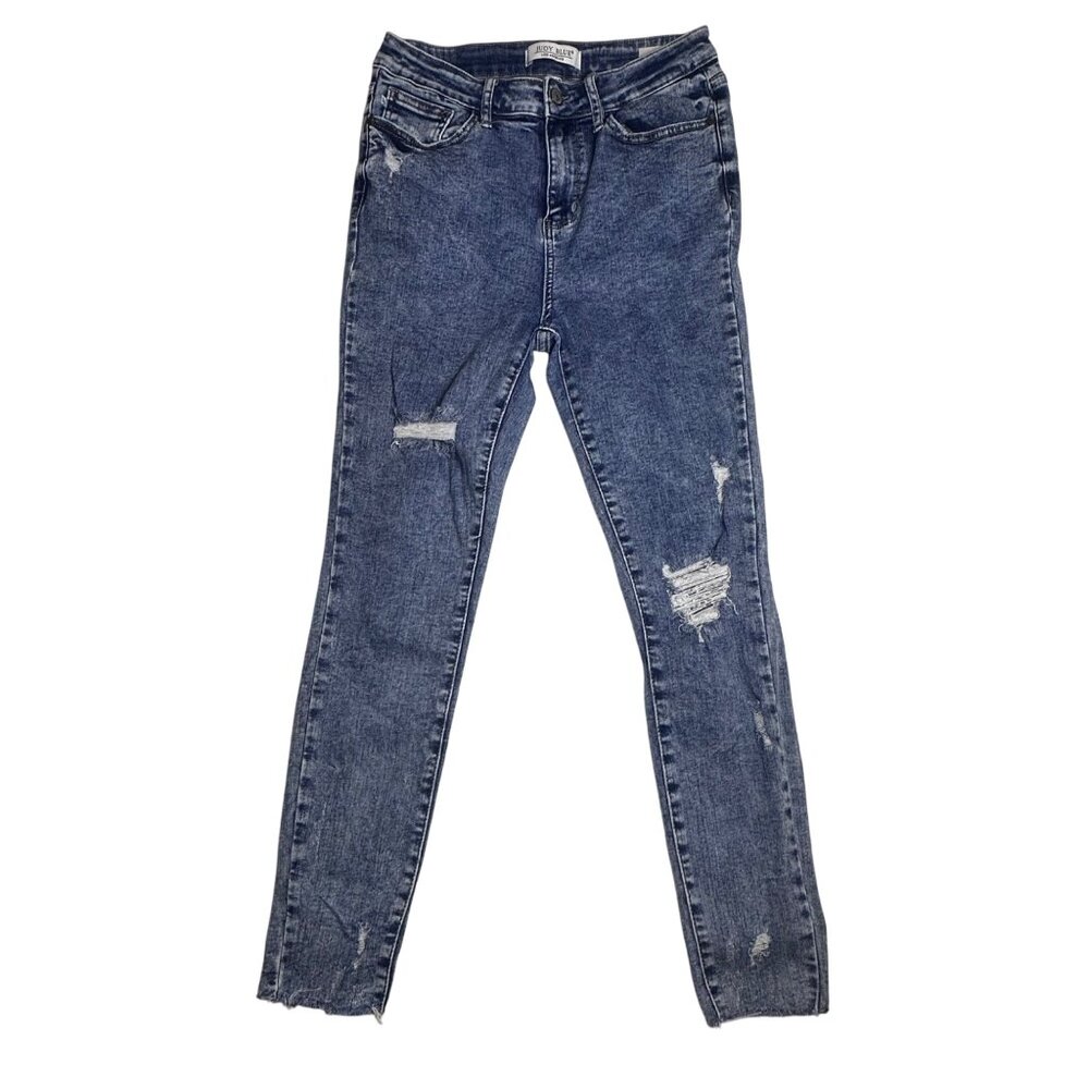 Judy Blue Womens Distressed Skinny Fit Jeans 7/28 Blue Denim With Frayed Hem